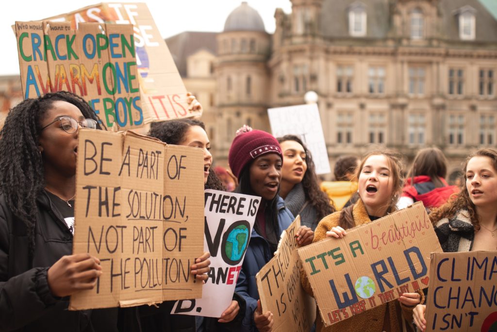 Young people with placards saying we should be part of the solution not part of the pollution