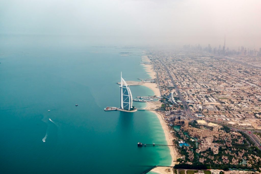 Aerial view of Dubai with the famous Burj Al Arab hotel