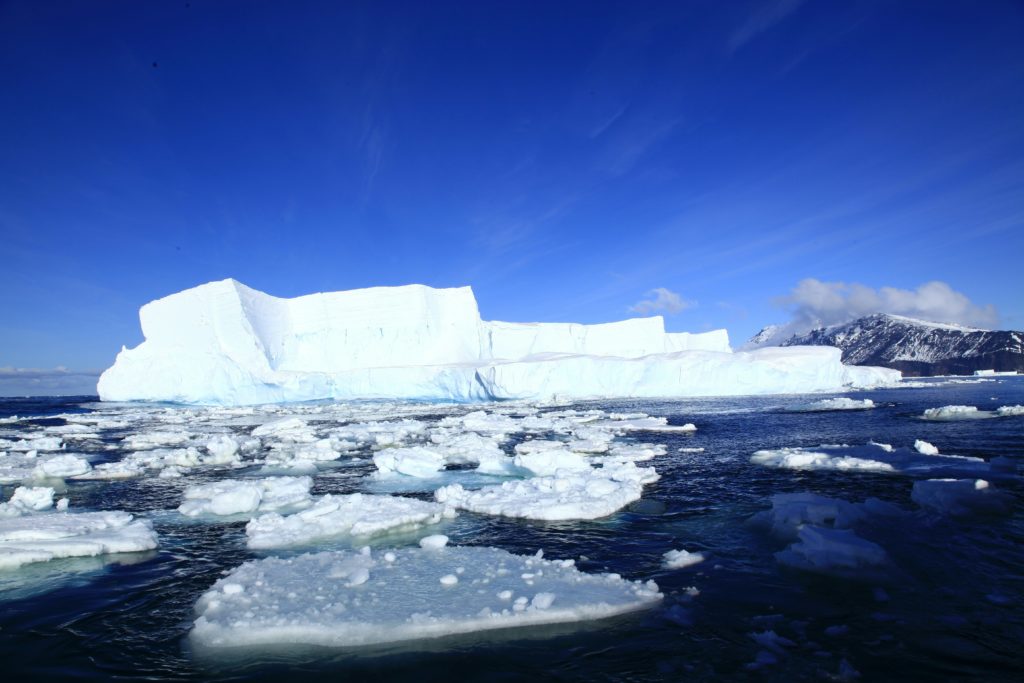 Icebergs floating beneath an azure sky