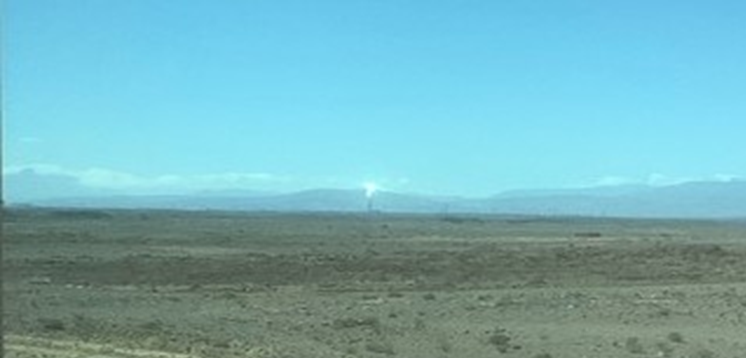 The solar tower at the centre of the huge Noor Project in the Moroccan desert from 10 kilometres away.