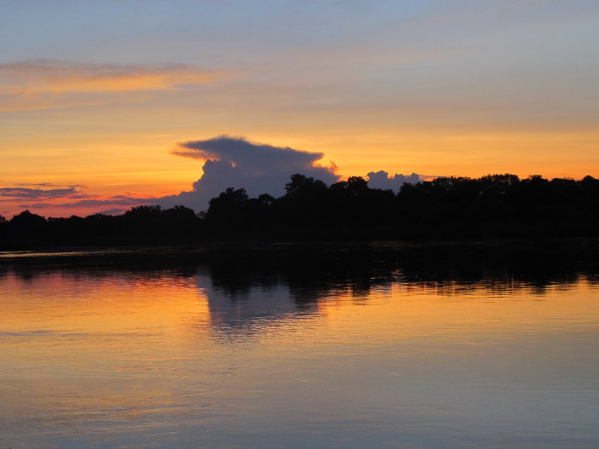 Sunset over the Okavango with beautiful clouds above the trees