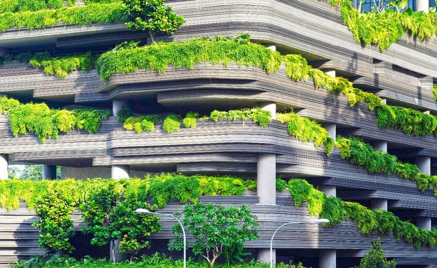 A modern building completely covered in greenery