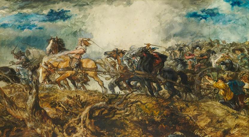An oil painting of a vast army advancing together